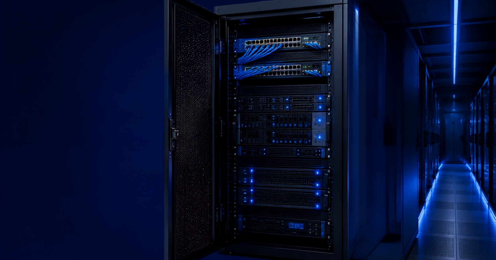 Veri merkezinde 19 inç rack kabinine monte edilmiş sunucuları gösteren colocation hizmeti görseli